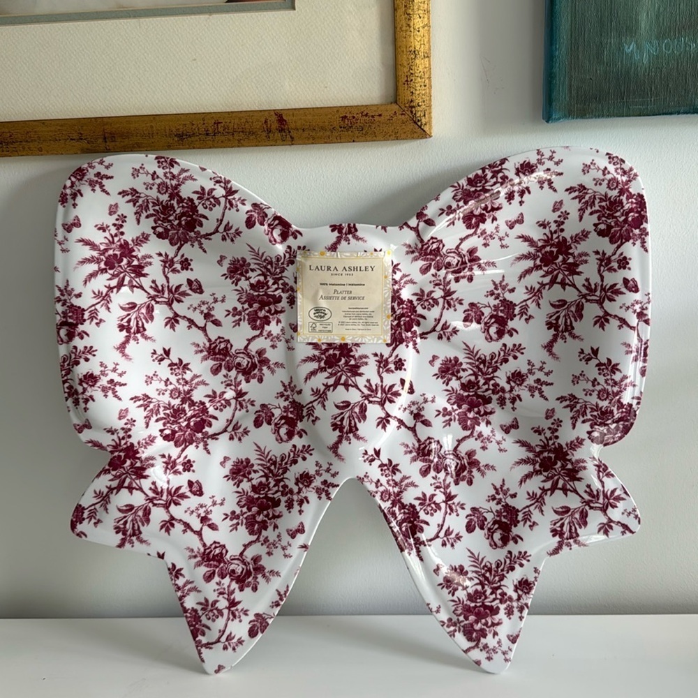 LAURA ASHLEY NWT Melamine Floral Bow Shaped Serving Platter Red Transferware